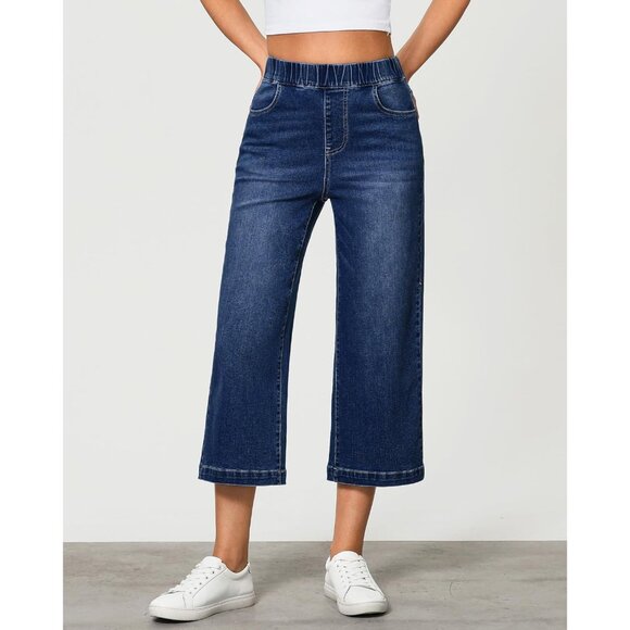 Women’s Wide Leg Capris Denim X-Large High Waist Pockets Stretchy Pants - Picture 3 of 6